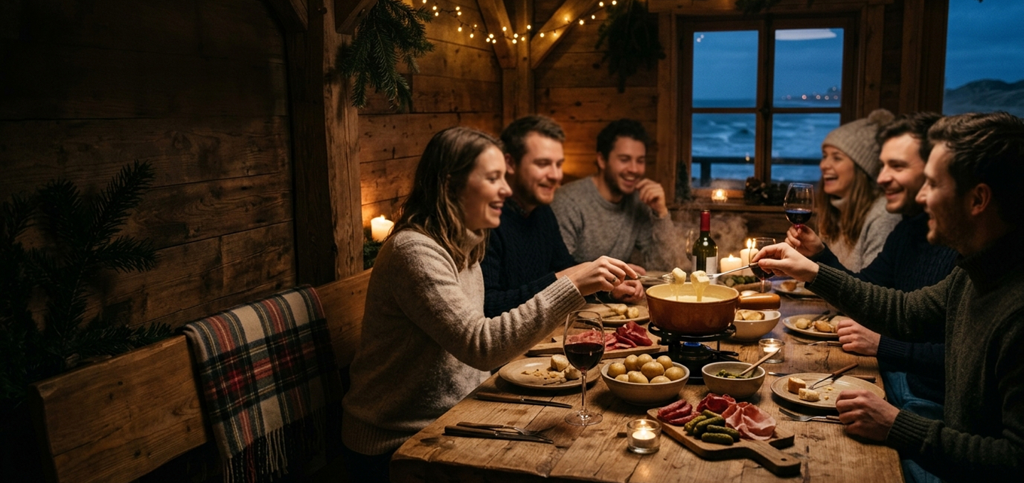 Vrienden lachen samen aan tafel in de warme sfeer van De Chalet