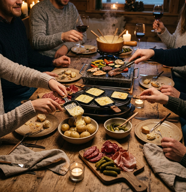 Gezelschap samen aan tafel met raclette en fondue